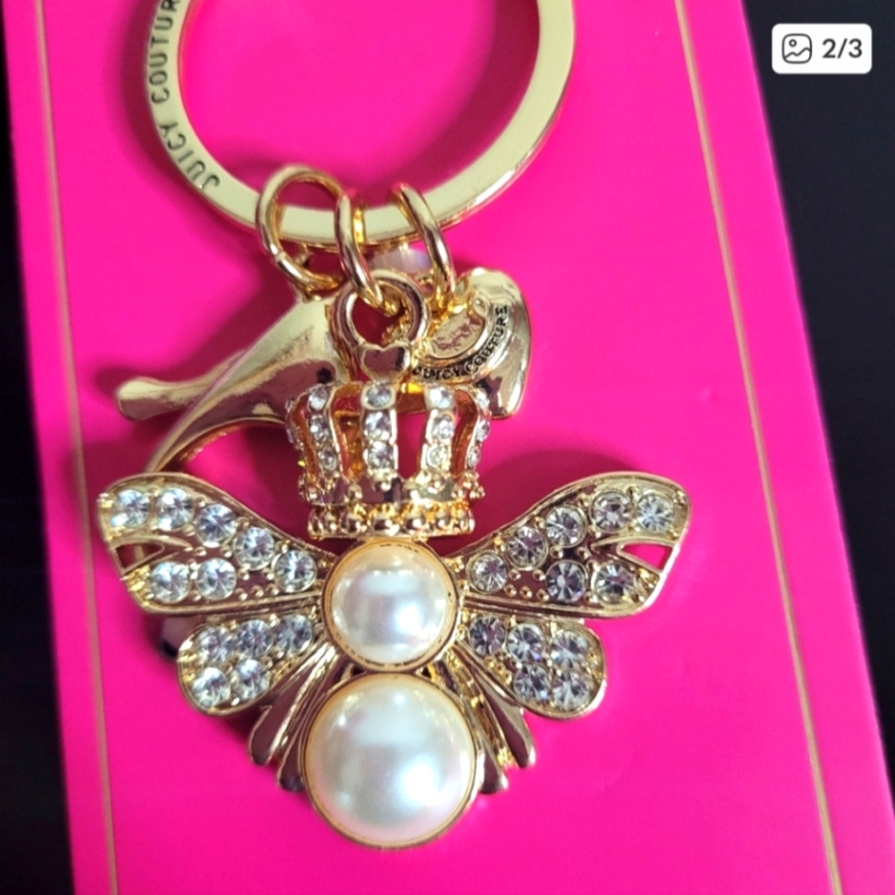Juicy Couture Gold Bee Keychain with Pearls and Rhinestones - Pink Tag